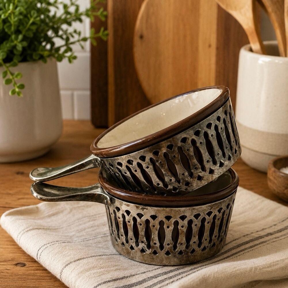 Weller Stoneware Vintage Ceramic Ramekins with Stainless Steel Holders Set of 2 - Picture 1 of 8